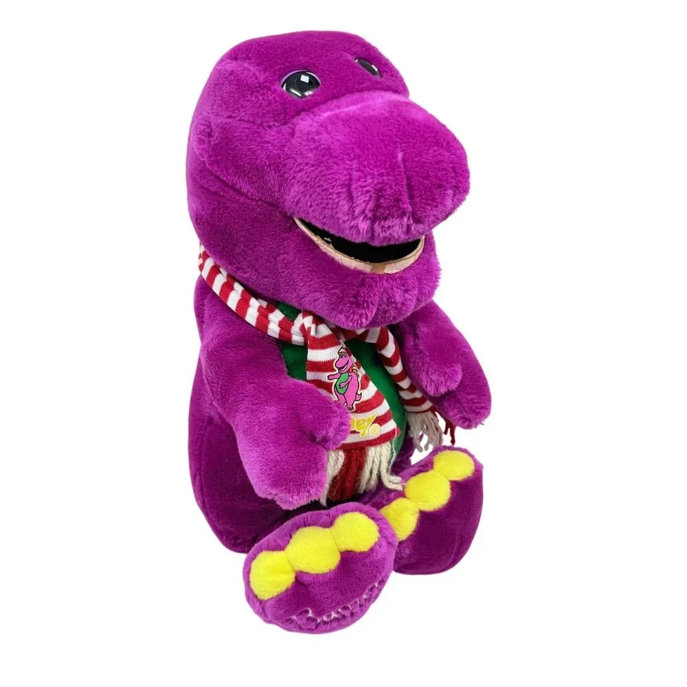 Vintage Barney Purple Dinosaur Plush Stuffed Toy 1990s Lyons Group Holiday Scarf
